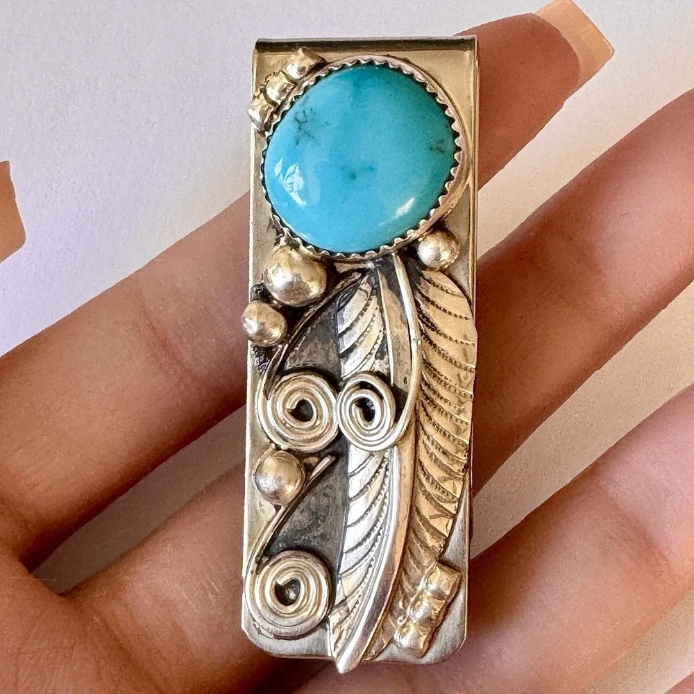 Navajo Natural Turquoise Money Clip Silver 2in Mens Gift Handmade Sally Arviso